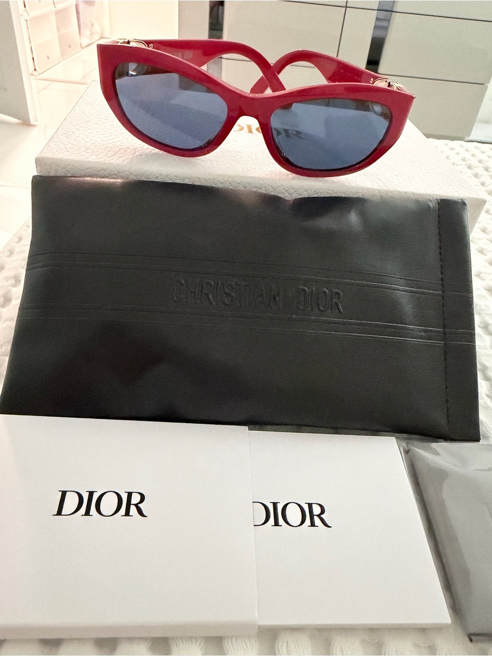 Dior Red Frame Sunglasses with Blue Lenses and Gold CD Accent